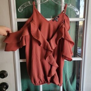 Moa Moa Womens Rust Cold Shoulder Ruffle V-Neck Bubble Hem Blouse ITB498-CRN M